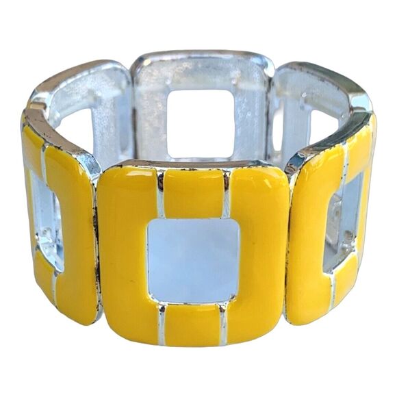 Vintage Yellow Wide Square Stretch Bracelet Silver Tone Enamel - Picture 2 of 8